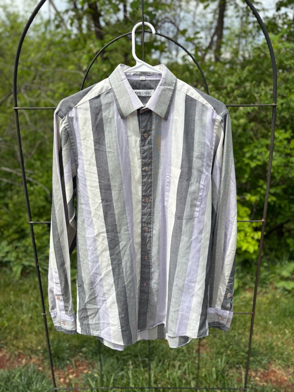 Vintage Vertical Stripe Button-Down Shirt  Medium Grey White Casual Men's Shirt